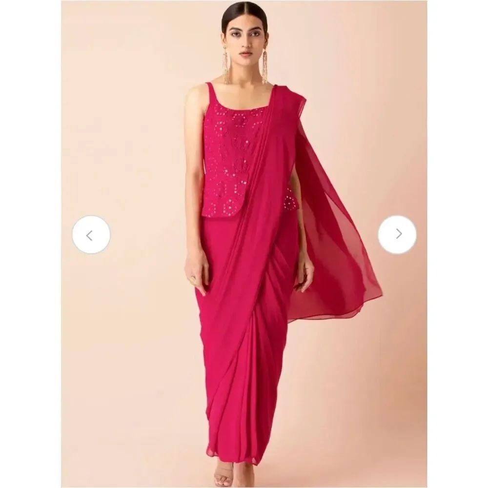 Fuchsia peplum mirror work embroidered saree NWT HOUSE OF INDYA